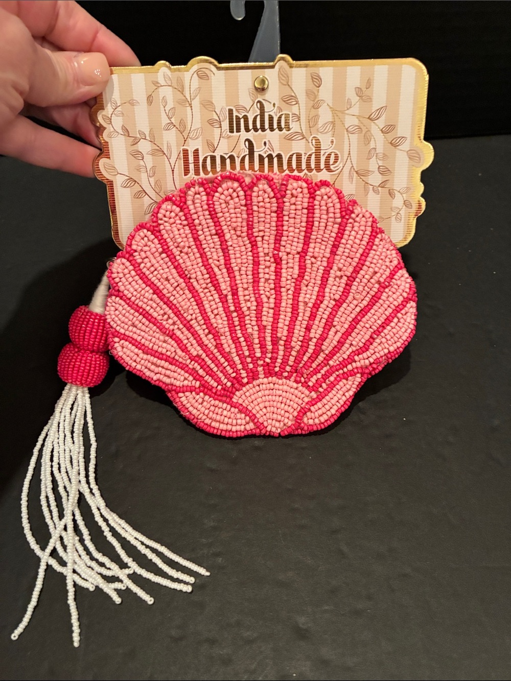 Made in India Handmade Pink Beaded Shell Coin Purse with Tassel -